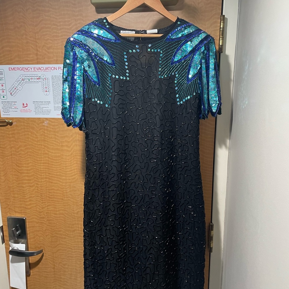 Stenay Black and Blue Sequin Puff Sleeve Mini Dress